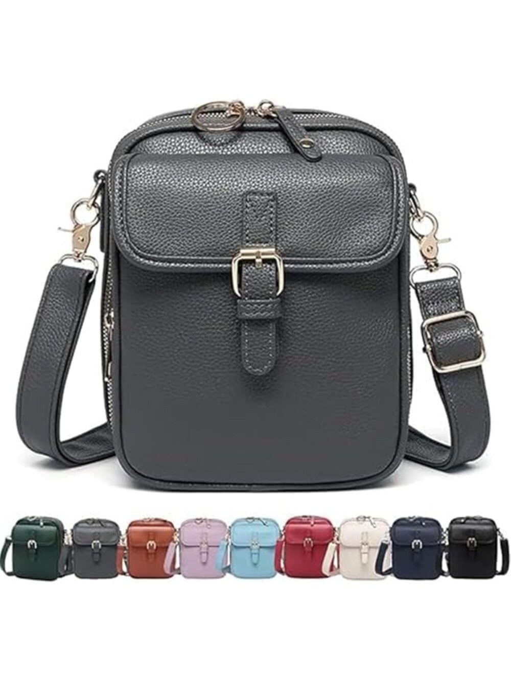 Women's Grey Leather Crossbody Bag with Large Capacity Built-in Purse Card Slot